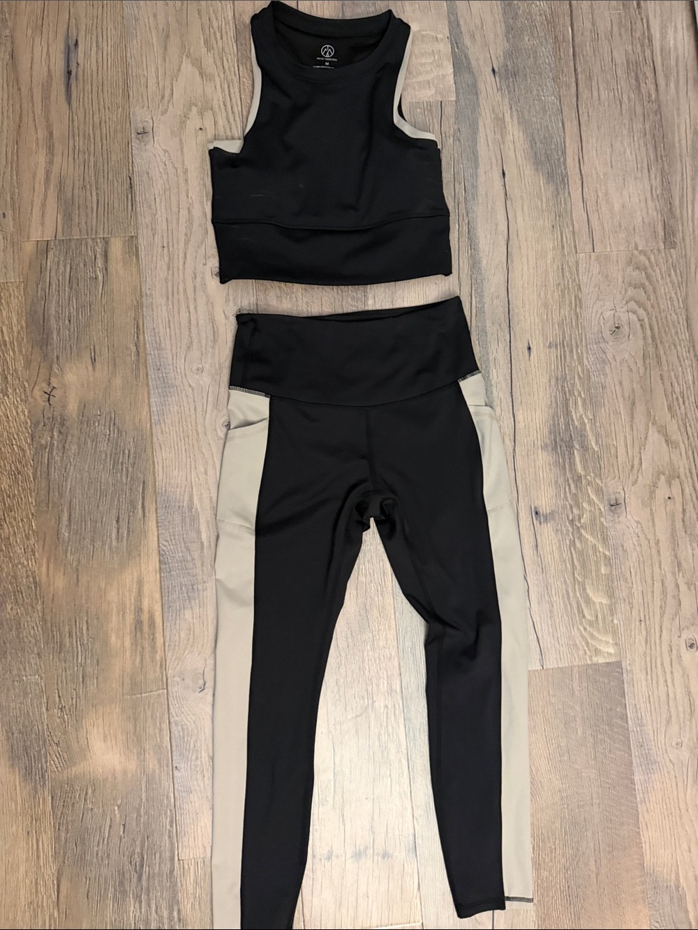 High-Waist Black & Beige Leggings with Matching Crop Tank
